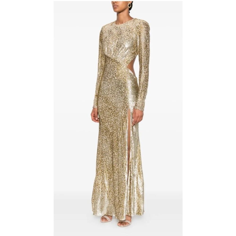 Self Portrait Women's Gold Metallic Maxi Gown Size 6 Open Back Black - Picture 3 of 7